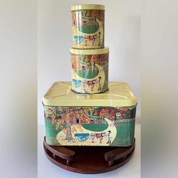 Vintage Other - Vintage Canister Set of 3 Farmhouse Autumn Scene Storage‎ Thanksgiving fall tins